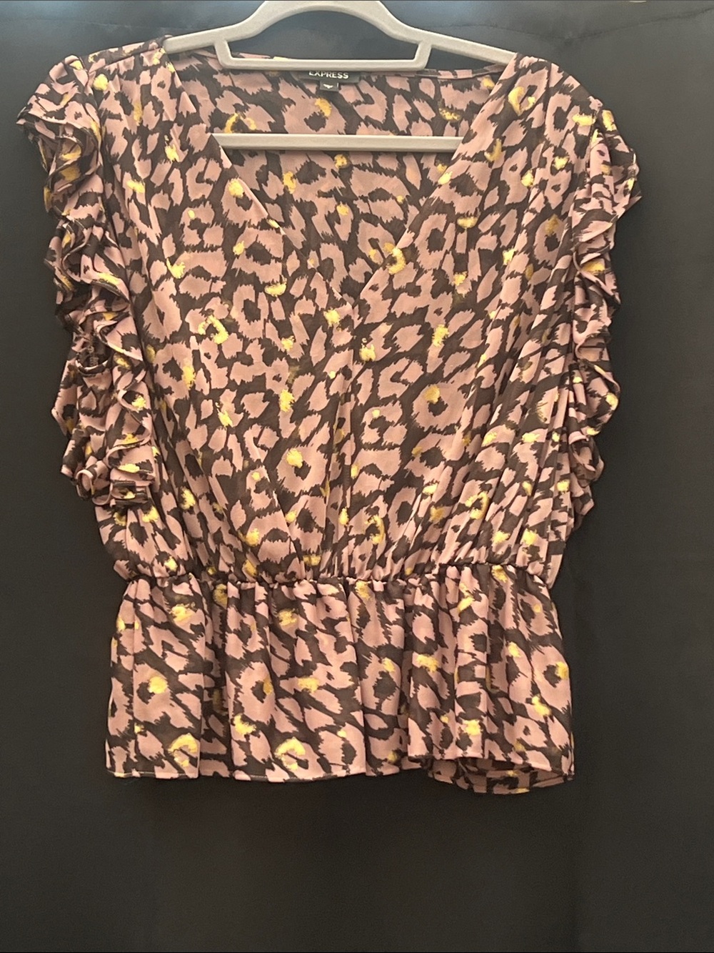 Express Brown/Black/Gold Leopard-Print Ruffle Sleeve Blouse with Yellow Accents